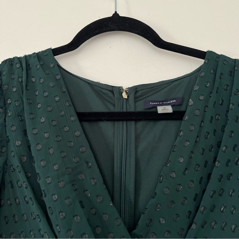 Tommy Hilfiger Emerald Green Faux Wrap Midi Dress Puff Sleeve Glitter Dot - Picture 13 of 16